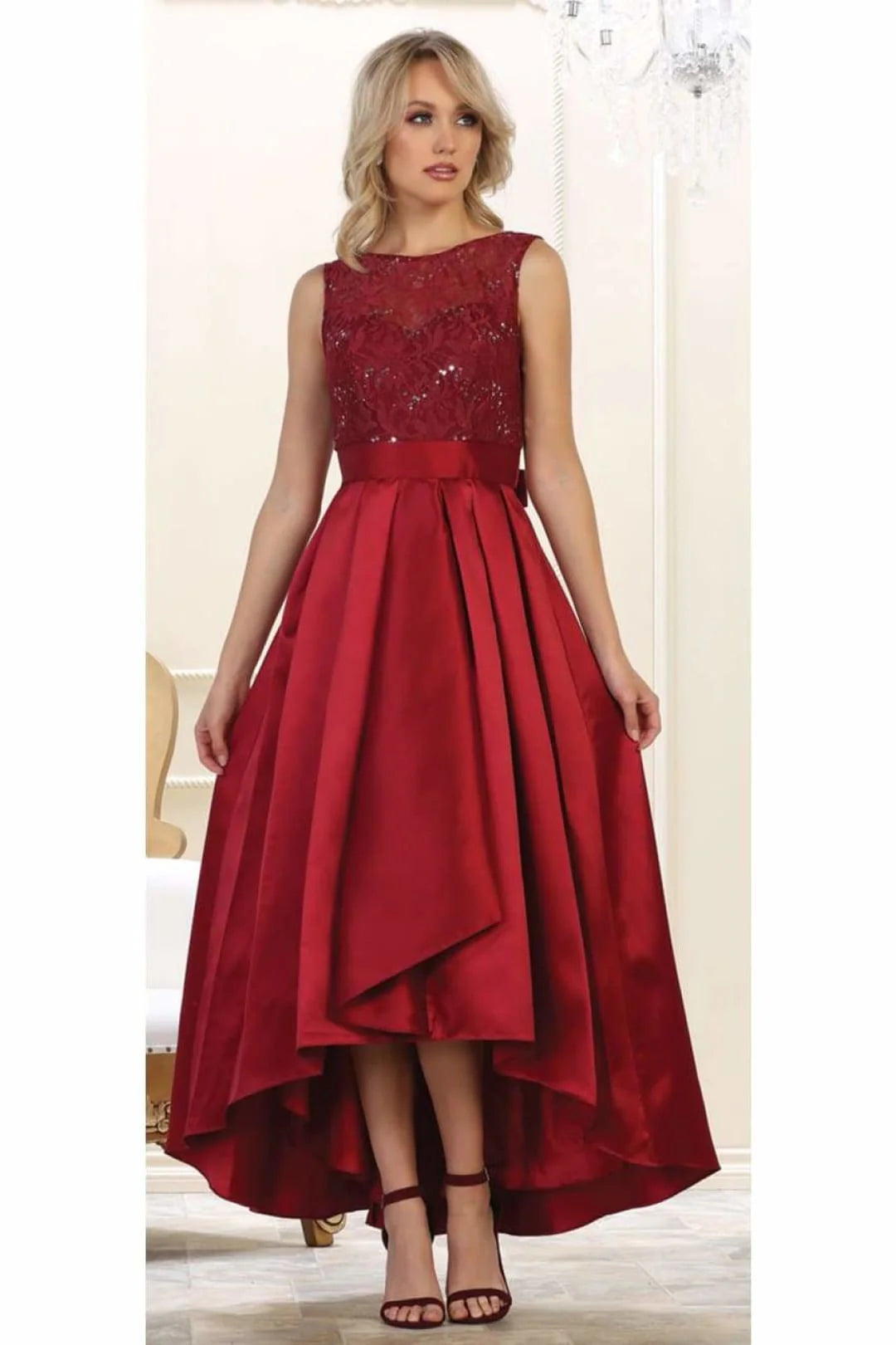 Sleeveless sequins high low satin dress